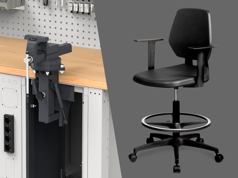 Stühle und Werkbankschraubstöcke