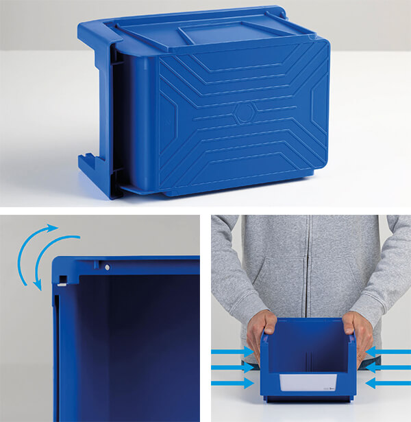 Bordi e fondo nervato dei contenitori a becco Picking Box Mythos